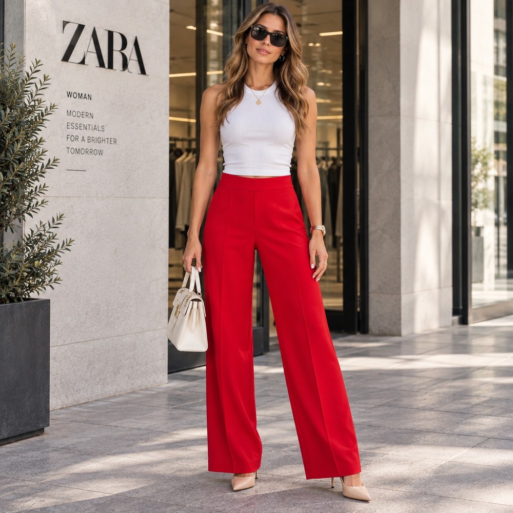 MANGO Women New Dress Pants 8 Wide Leg Red High Rise Tailored Trousers 3707/5831
